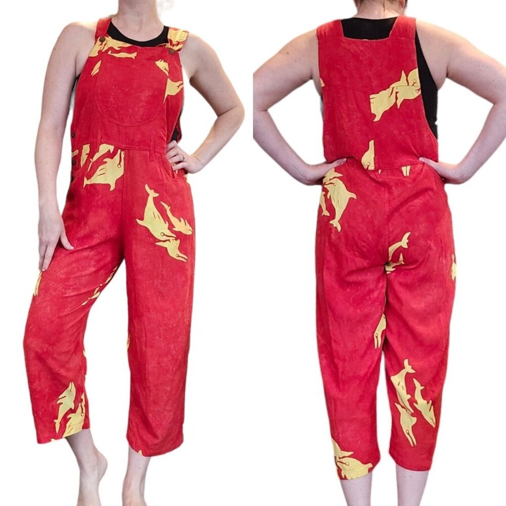 Womens XS To M Red Tiedye Cropped Overalls‎ Bibs Rayon Dolphins Beach Hippie